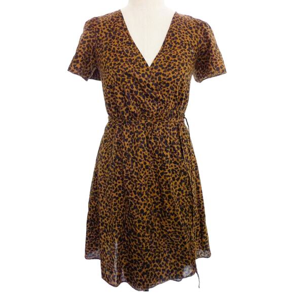 Madewell Brown Wrap Dress Animal Print Mini Dress Flutter Short Sleeve XS - Picture 1 of 6